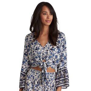 American Eagle NEW Blue White Boho Floral Bell Sleeve Cottagecore Tie Top S